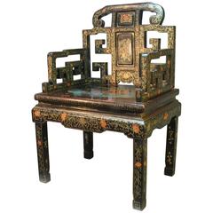 Beautiful & Rare Chinese Gilt Polychrome Decorated Black-Lacquered Throne Chair