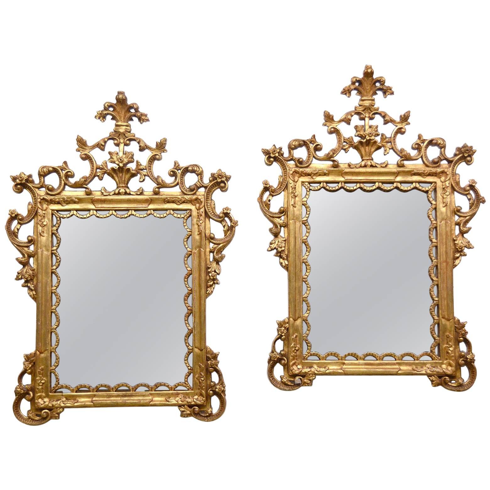 Pair of Carved Gilt Wood Italian Baroque Style Mirrors