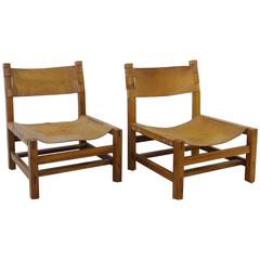 Pair of Solid Elm and Cognac Leather Low Chairs by Maison Regain - Circa 1970