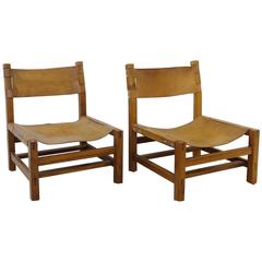 Pair of Solid Elm and Cognac Leather Low Chairs by Maison Regain - Circa 1970 3