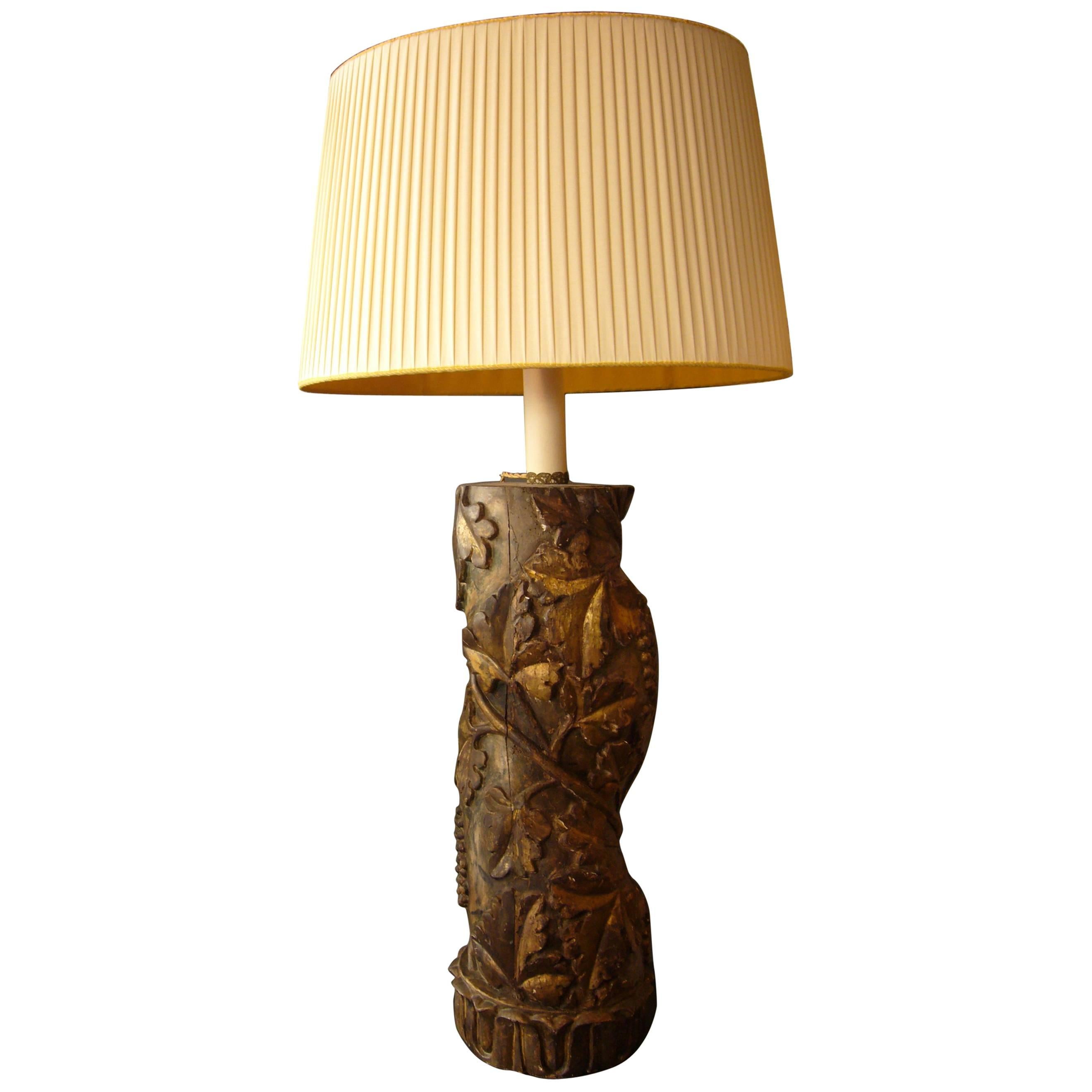 Antique Golden Wood Torchon Table Lamp Carved Column Grape Branch Embossed For Sale