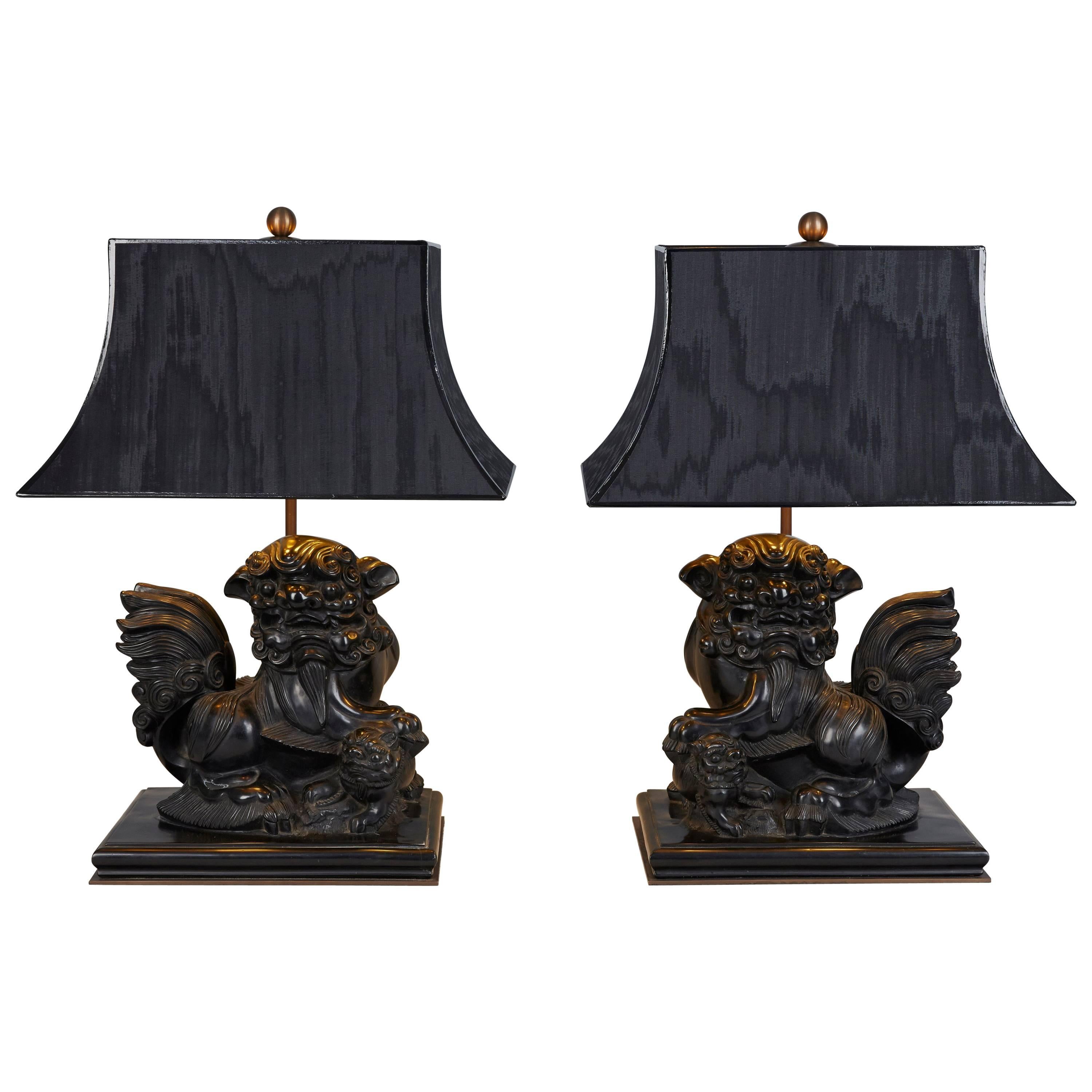 Pair of Carved Cast Stone Foo Dog Lamps For Sale