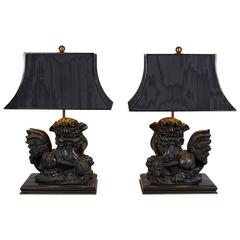 Retro Pair of Carved Cast Stone Foo Dog Lamps