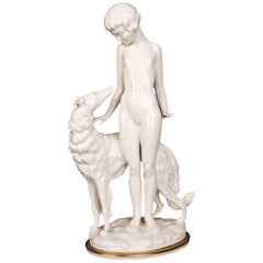 Große Hutschenreuther-Figur, Borzoi-Mädchen mit Windhund, Porzellan