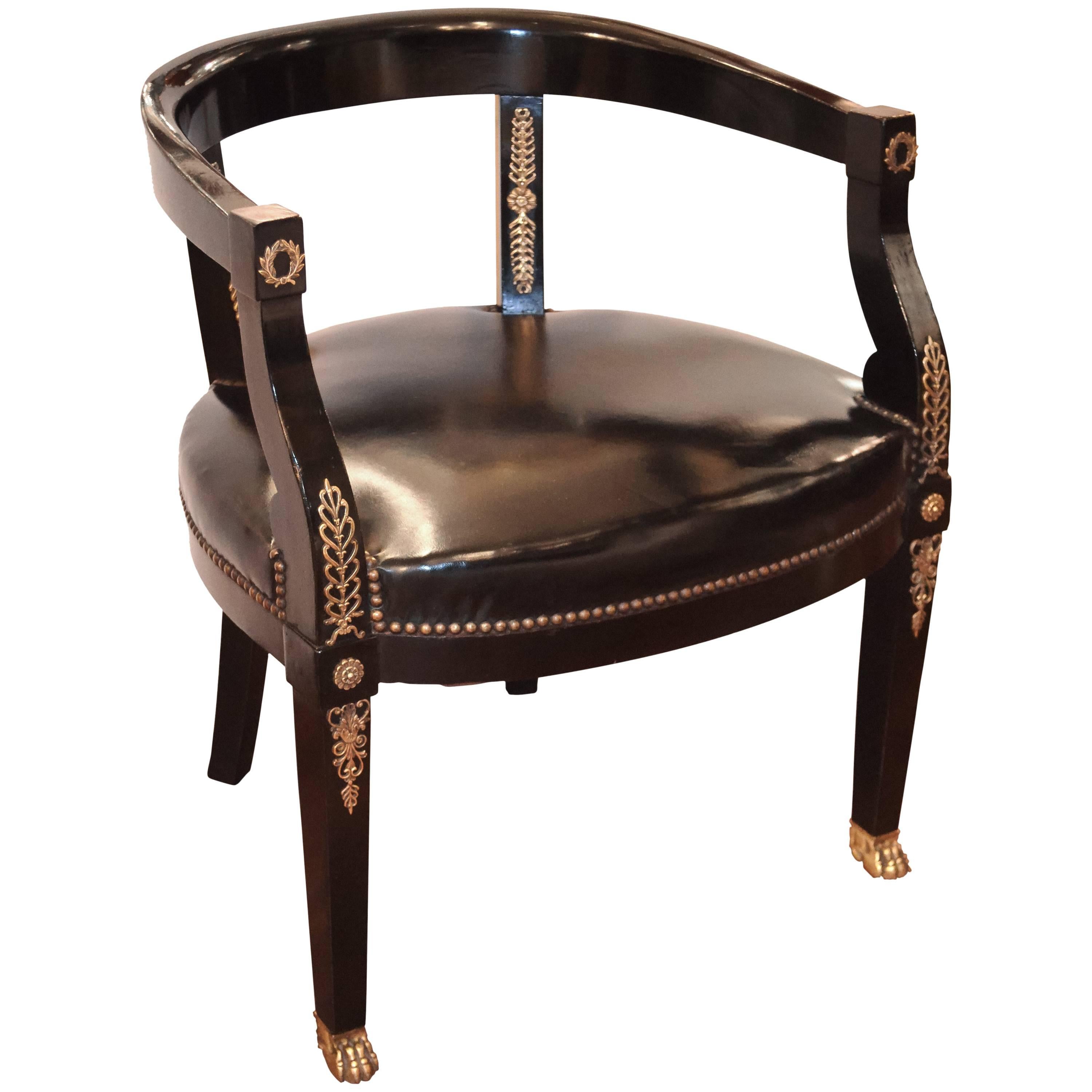 19th Century French Ebonized and Black Leather Desk Chair