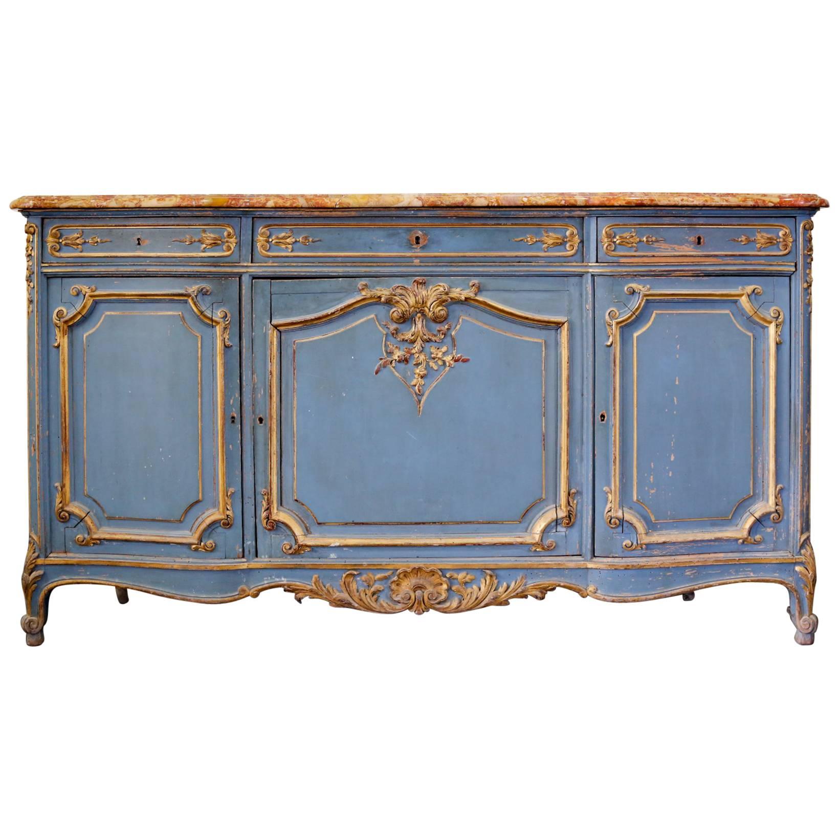 French, 19th Century Provencal Long Enfilade Marble Top Buffet in Painted Wood