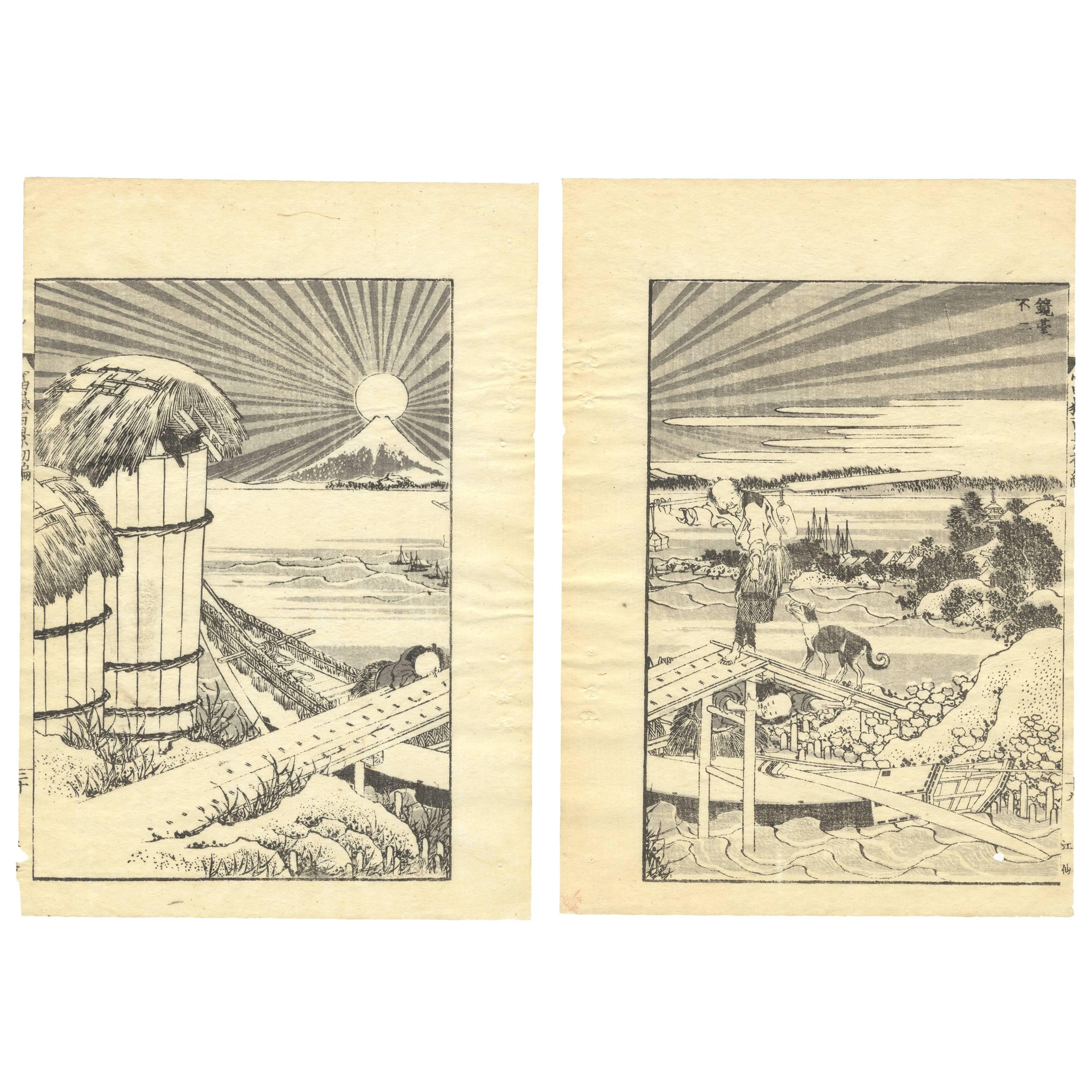 Hokusai Ukiyo-e Japanese Woodblock Print 100 Views of Mt. Fuji Landscape Diptych