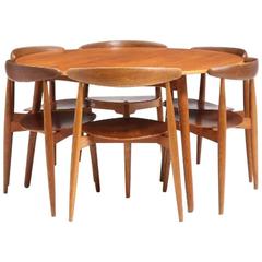 Hans Wegner 1950s round table and six heart chairs set in beech and teak 