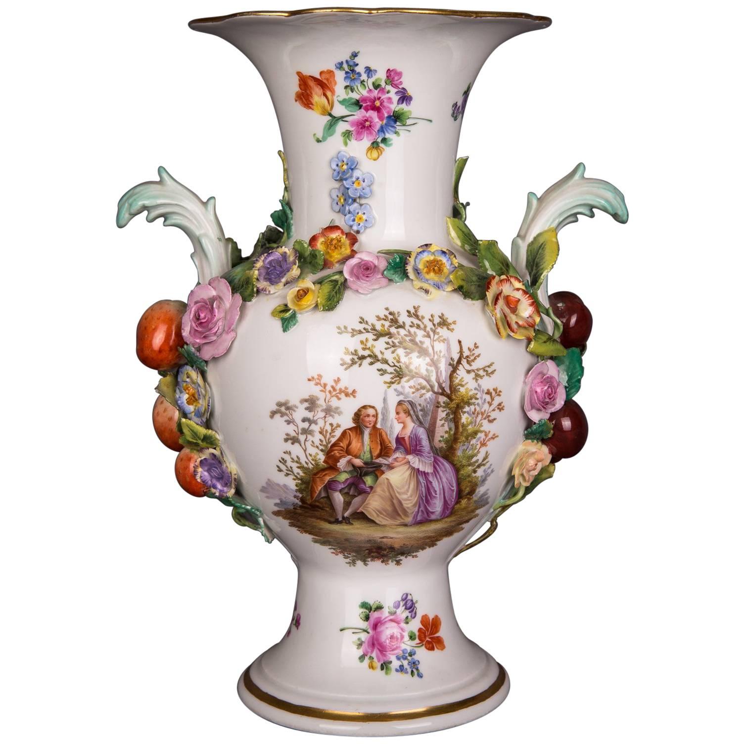 Big Meissen Porcelain Vase Watteau Scene with Fruits and Flowers Paintings