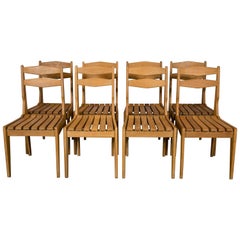 Set of Eight Solid Light Oak Chairs by Guillerme et Chambron, 1960