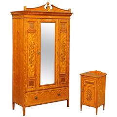 Gillows of Lancaster Satinwood Wardrobe and Bedside Cabinet