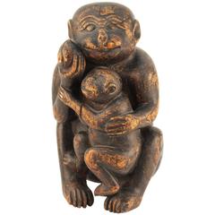 Wooden Sculpture of a Monkey and Her Infant 1