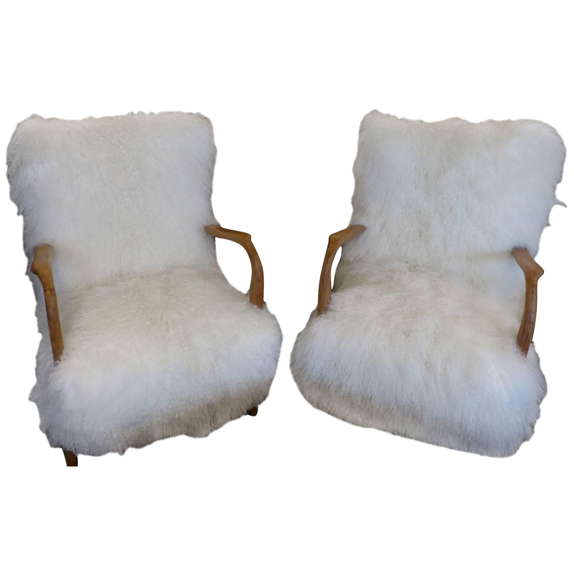 Fantastic Pair of 1960s Reupholstered Armchairs in Tibetan Lamb For Sale