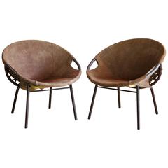 Pair of Vintage Olive Suede Leather Balloon Armchairs