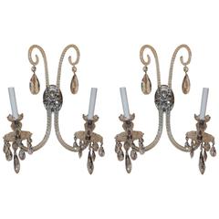 Elegant Pair of Antique Cut Crystal Georgian Silvered Bronze Floral Sconces 8
