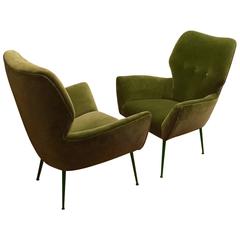 Pair of Mid-Century Italian Armchairs in Deep Green Velour