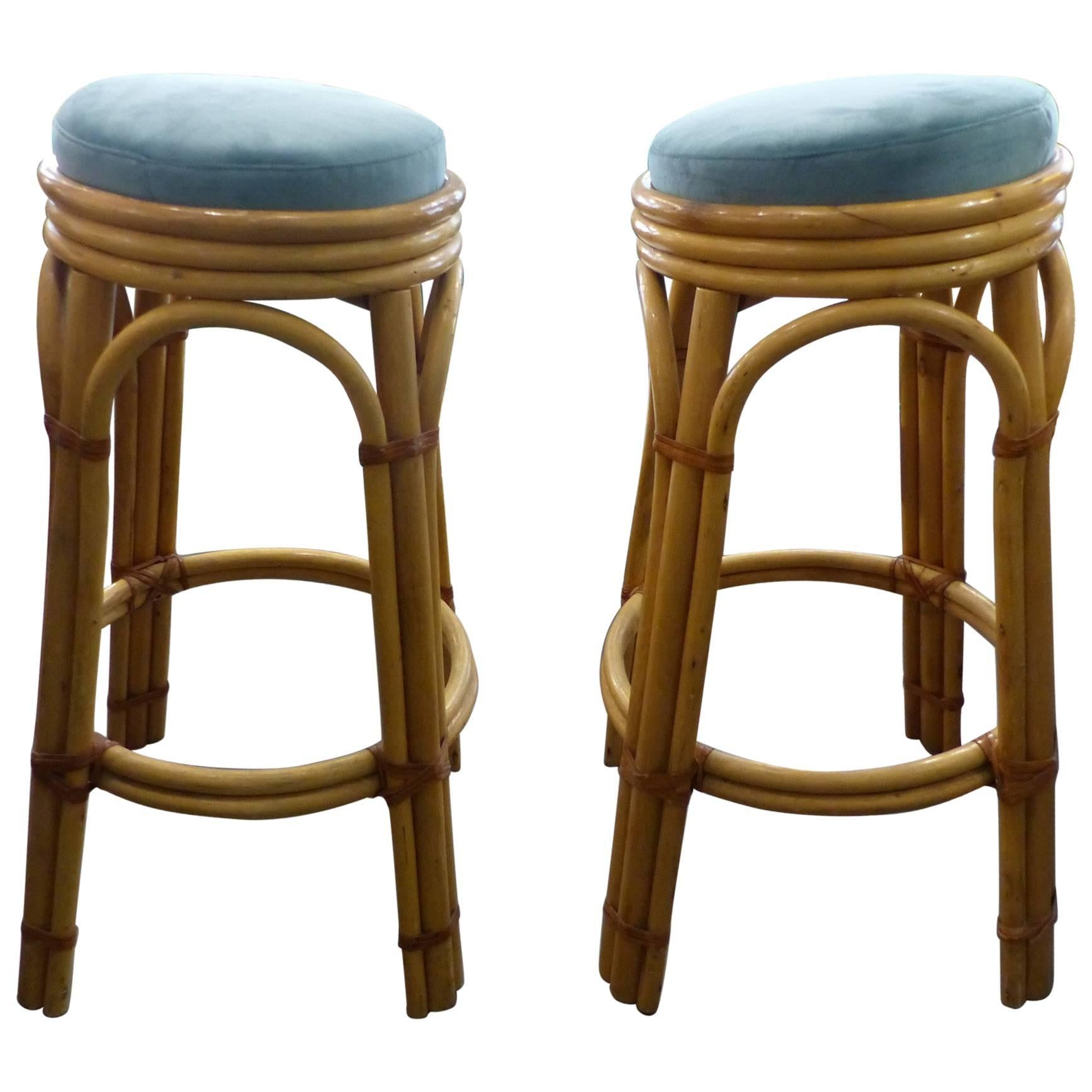 Beautiful Pair of Reupholstered Wicker Bar Stools, circa 1960 For Sale