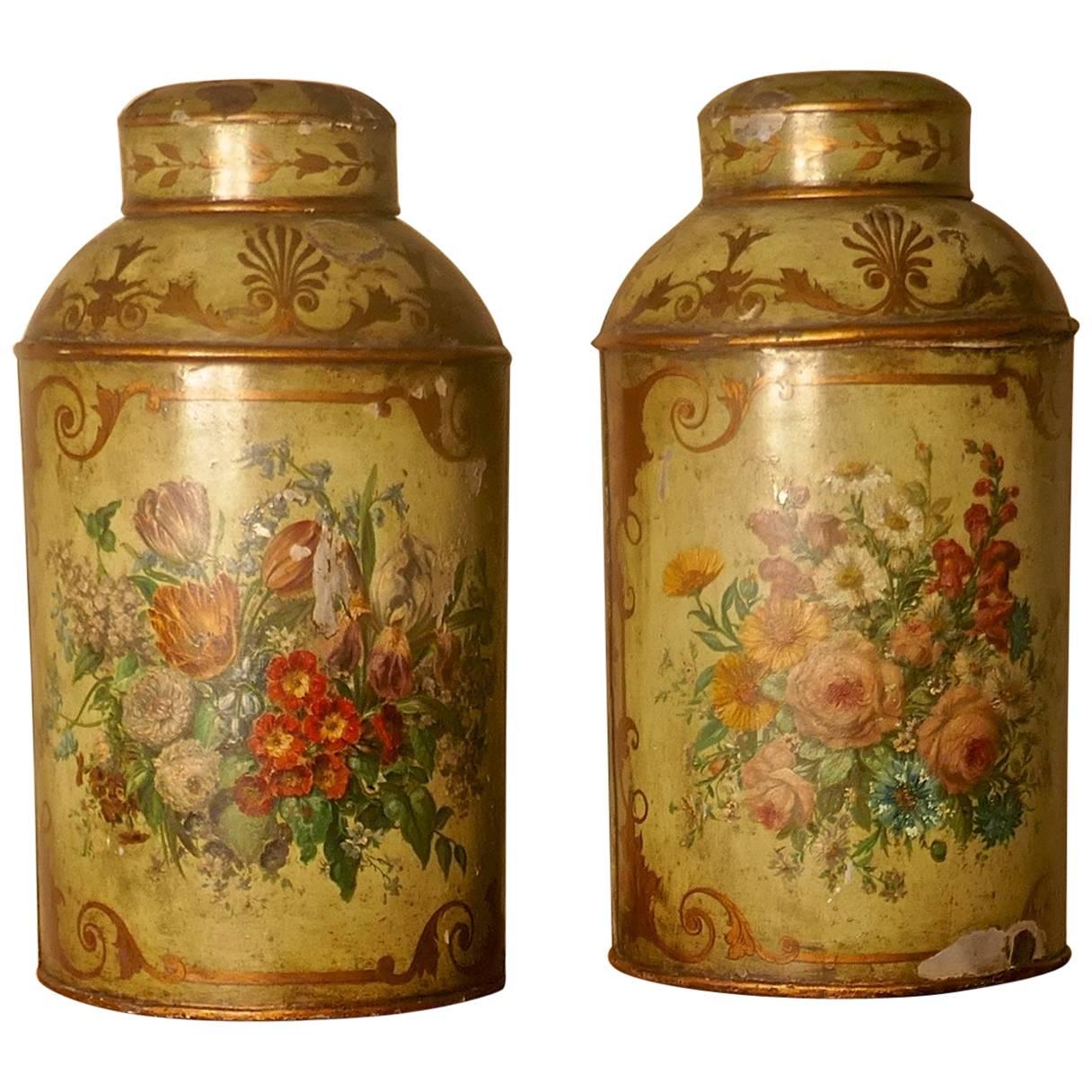Pair of Early Very Large Hand-Painted Toleware Tea Canisters with Lids