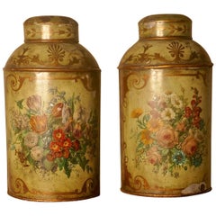 Pair of Early Very Large Hand-Painted Toleware Tea Canisters with Lids