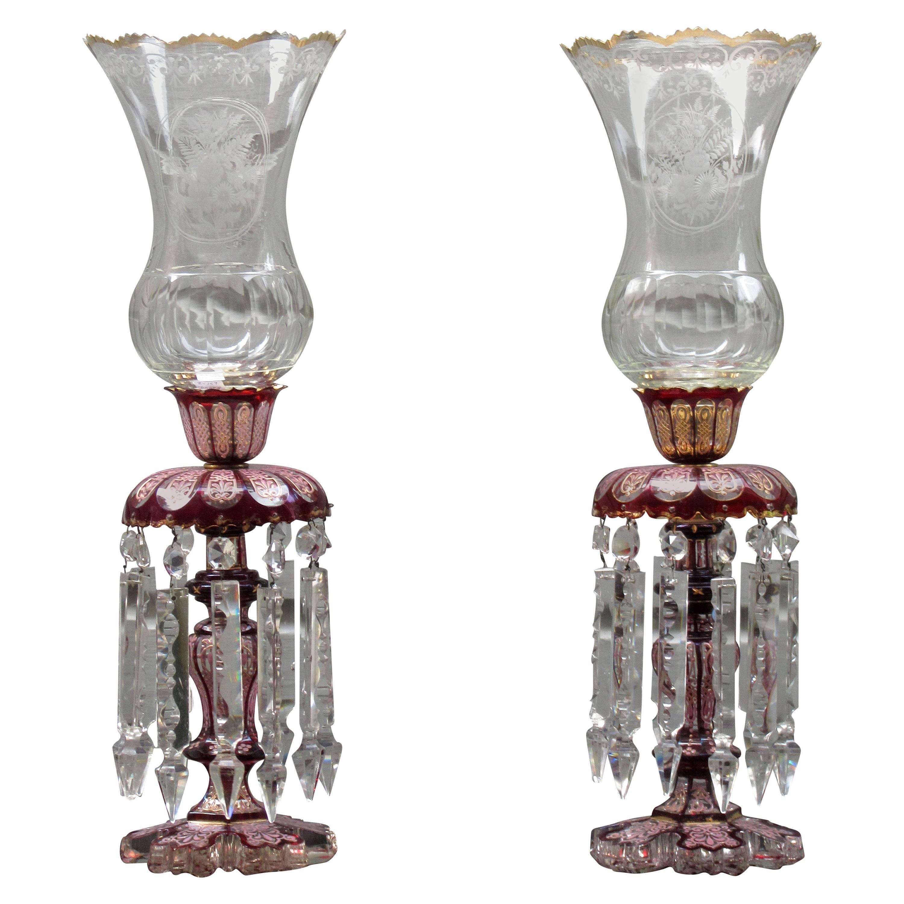 Pair of Late 19th Century Baccarat Cranberry Crystal Lusters with Hurricanes