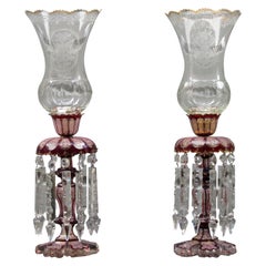 Antique Pair of Late 19th Century Baccarat Cranberry Crystal Lusters with Hurricanes