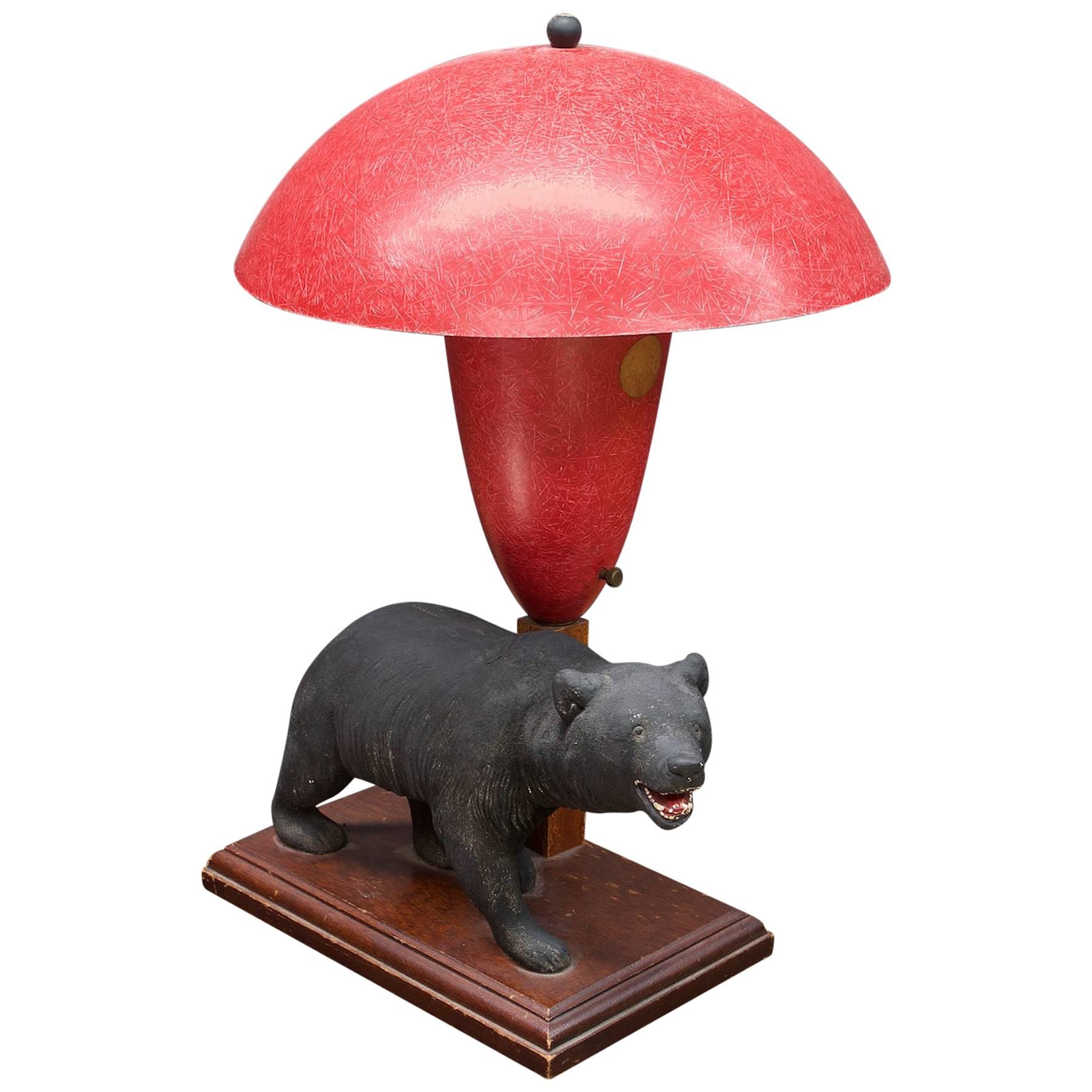 1940s California Rustic Modern Bear with Red Fiberglass Marplex Lamp