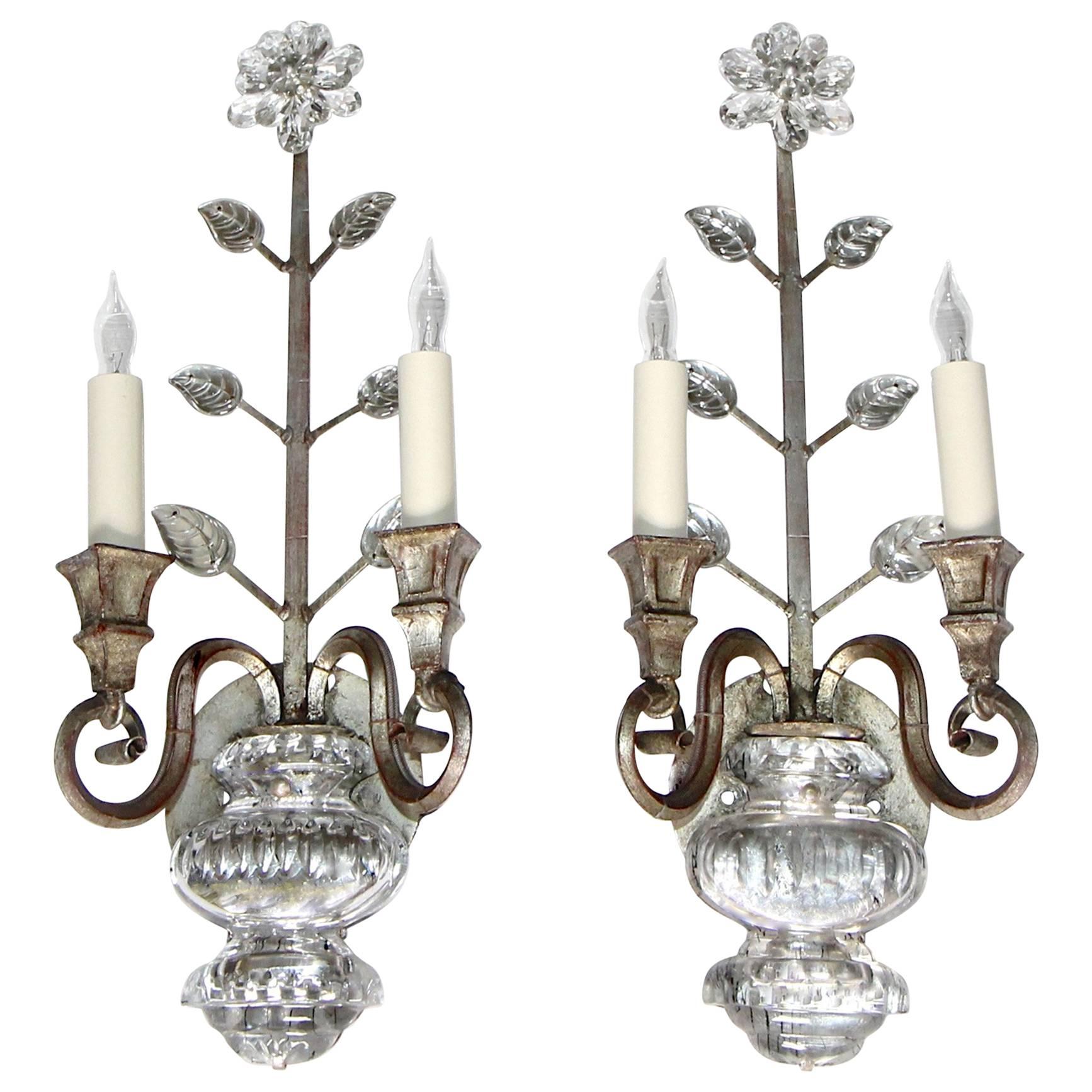 Pair of Baguès Style French Crystal Silver Gilt Flower Wall Sconces