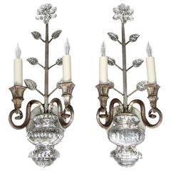 Pair of Baguès Style French Crystal Silver Gilt Flower Wall Sconces 10