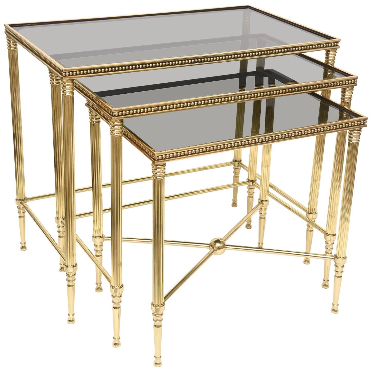 Set of Three Mid-Century Italian Polished Brass and Glass Nesting Tables /SALE