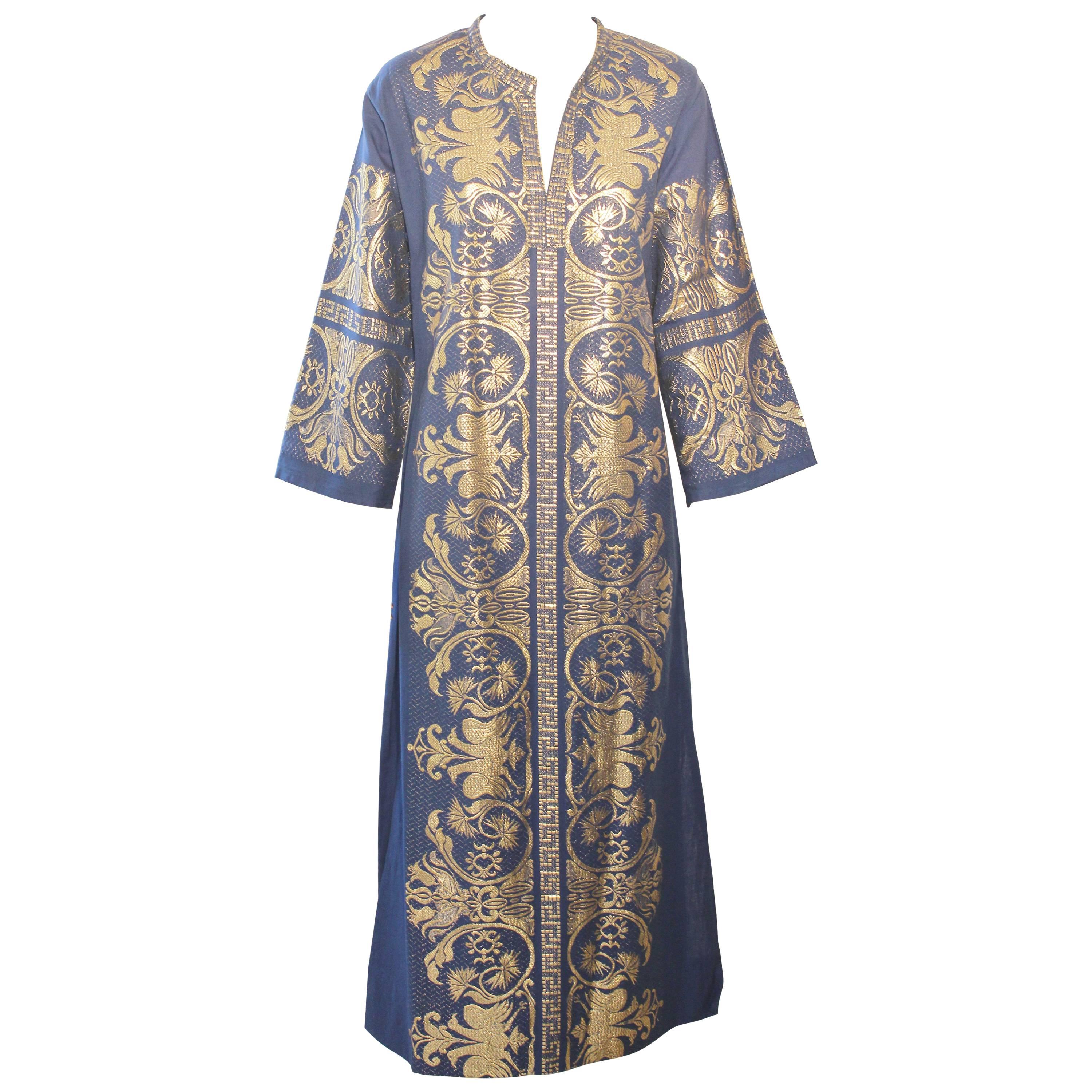 1970s Blue and Gold Brocade Caftan Maxi Dress Kaftan Long Sleeves Size M