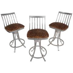 Set of Three Contemporary Modern Velvet Leopard Bar Stools 1