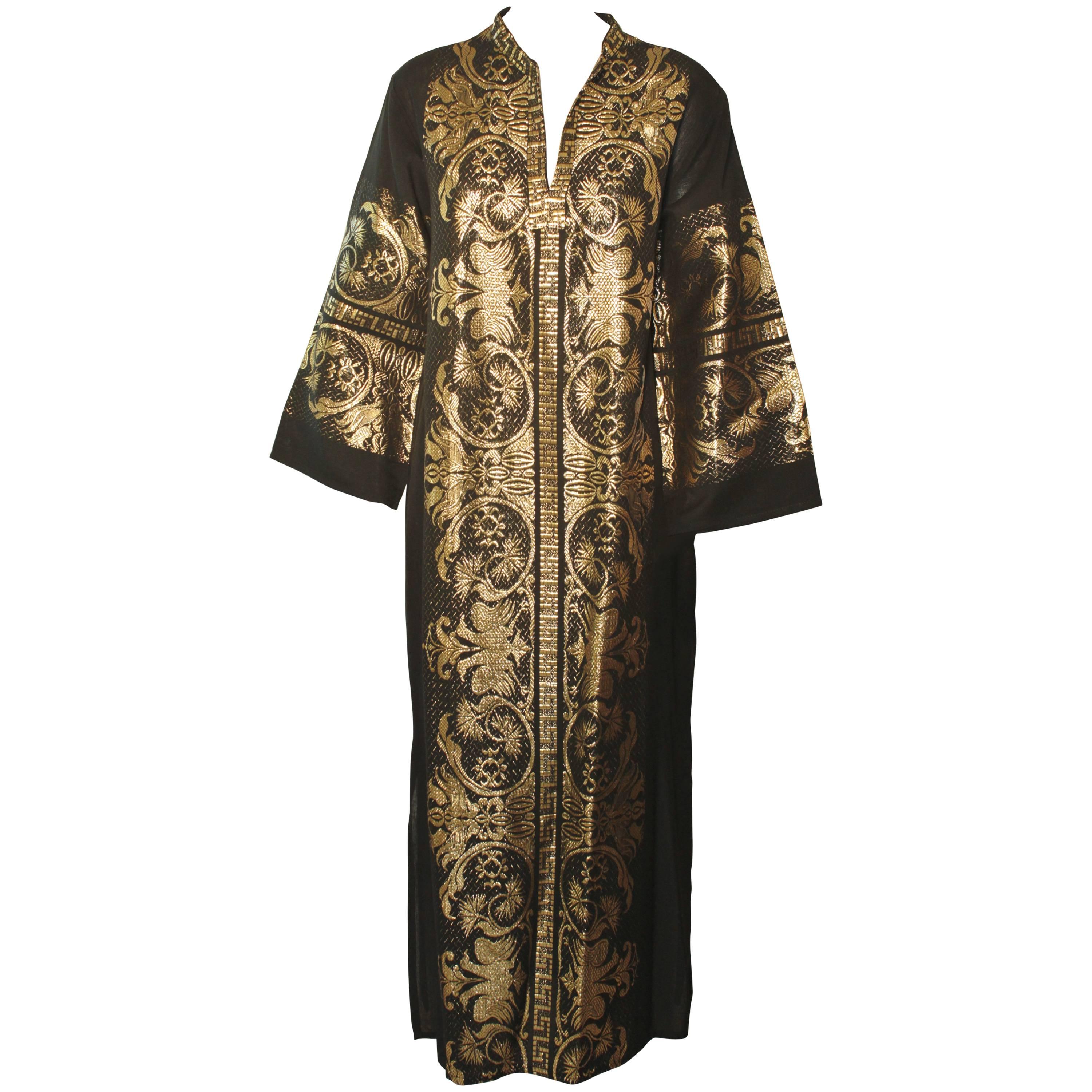 Caftan Black and Gold, 1970s, Maxi Dress Greek Kaftan Size M to L