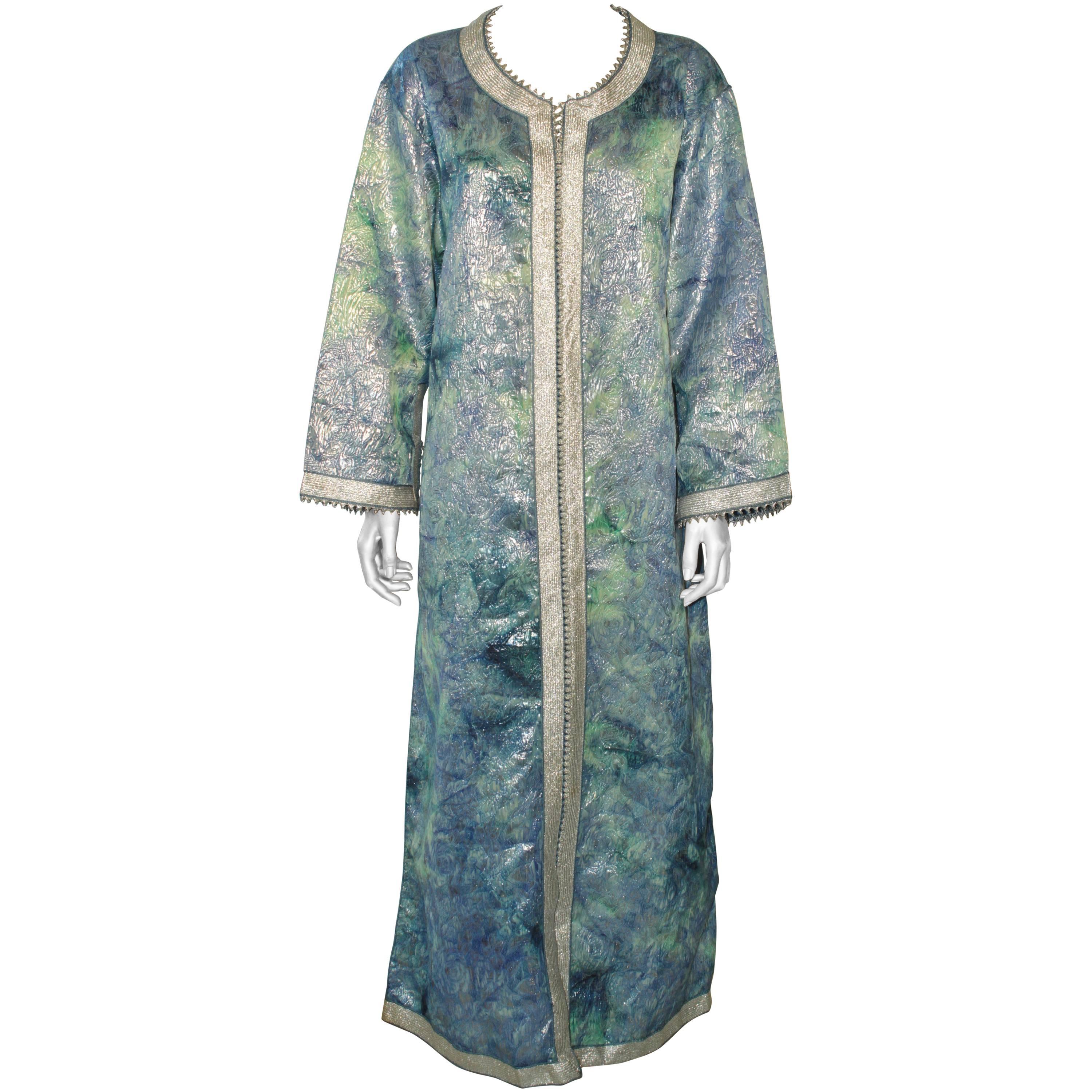 Moroccan Moorish Caftan Maxi Dress Brocade Aquamarine Blue and Silver Size M L For Sale