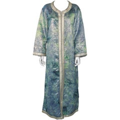 Moroccan Moorish Caftan Maxi Dress Brocade Aquamarine Blue and Silver Size M L