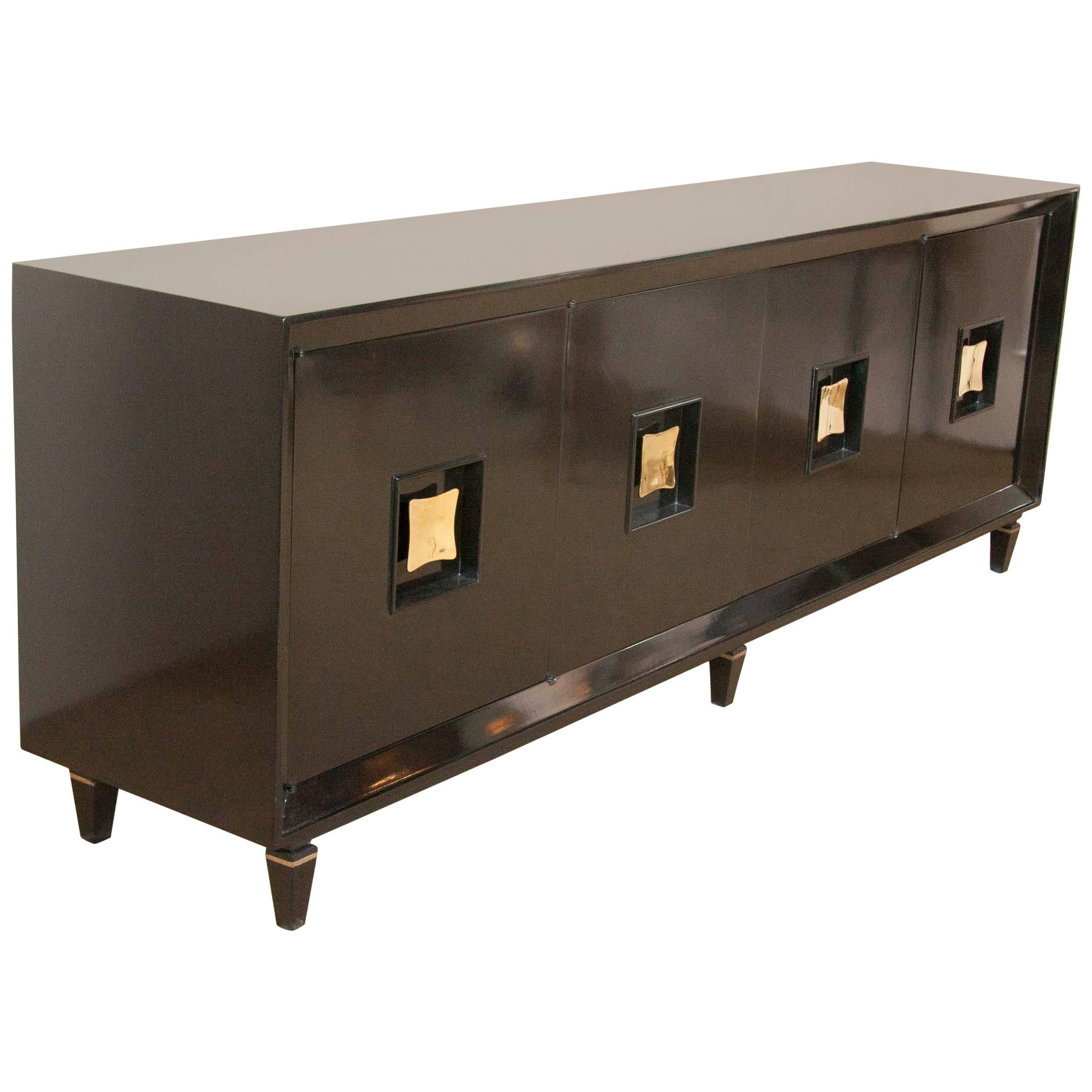 French Art Deco Black Lacquer Credenzas with Biomorphic Brass Pulls