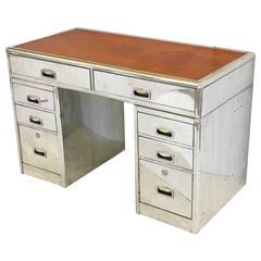 English Marine or Nautical Pedestal Desk of Polished Aluminum with Leather Top
