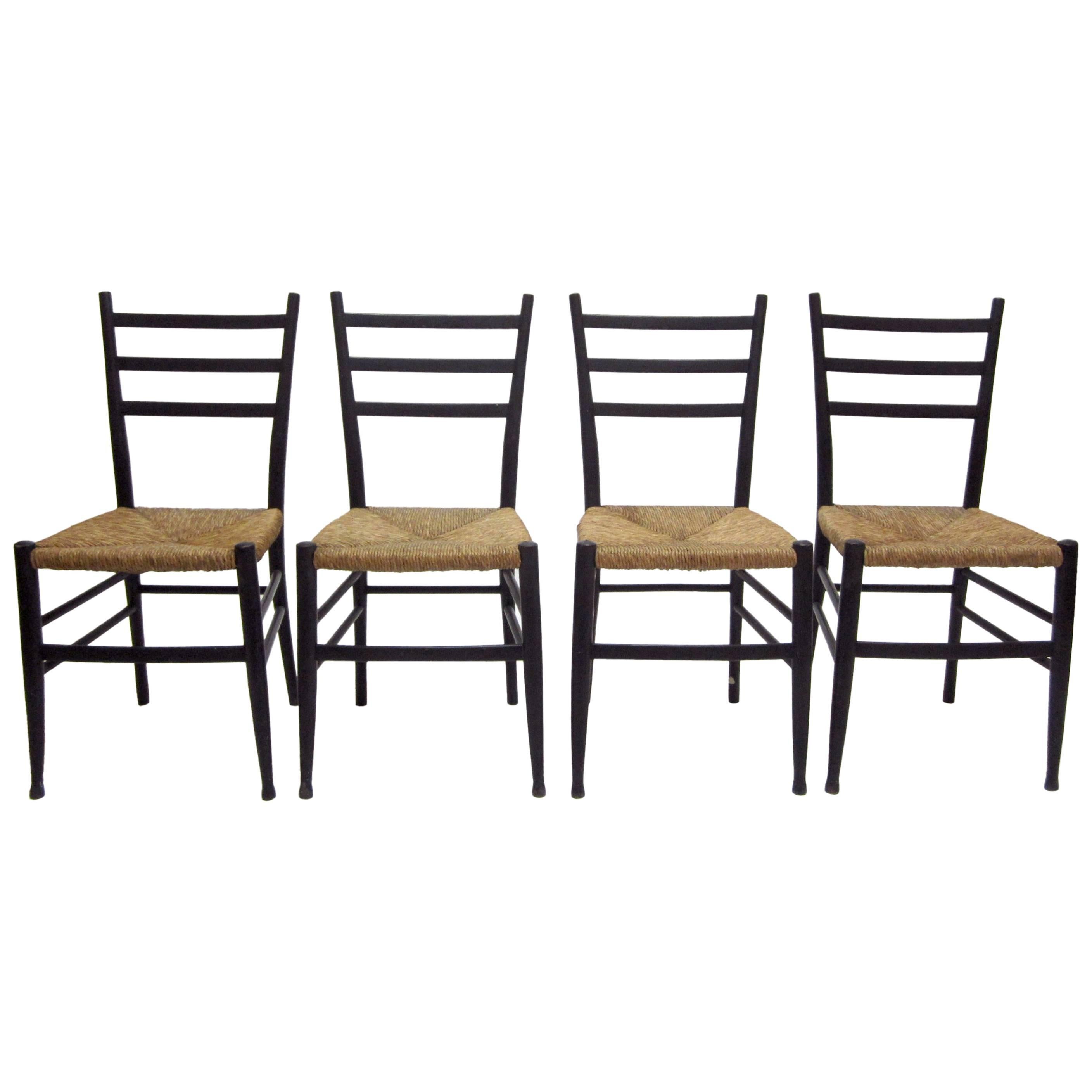 Italian Wood and Rush Seat Ladder-Back Chairs, Four For Sale