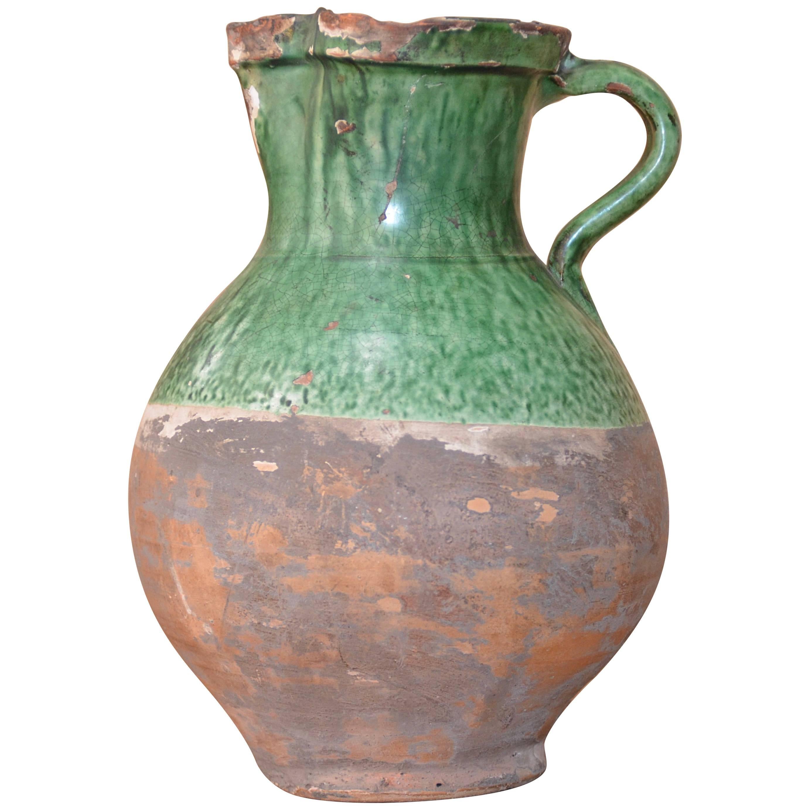 19th Century French Green Glazed Pichet / Pitcher For Sale