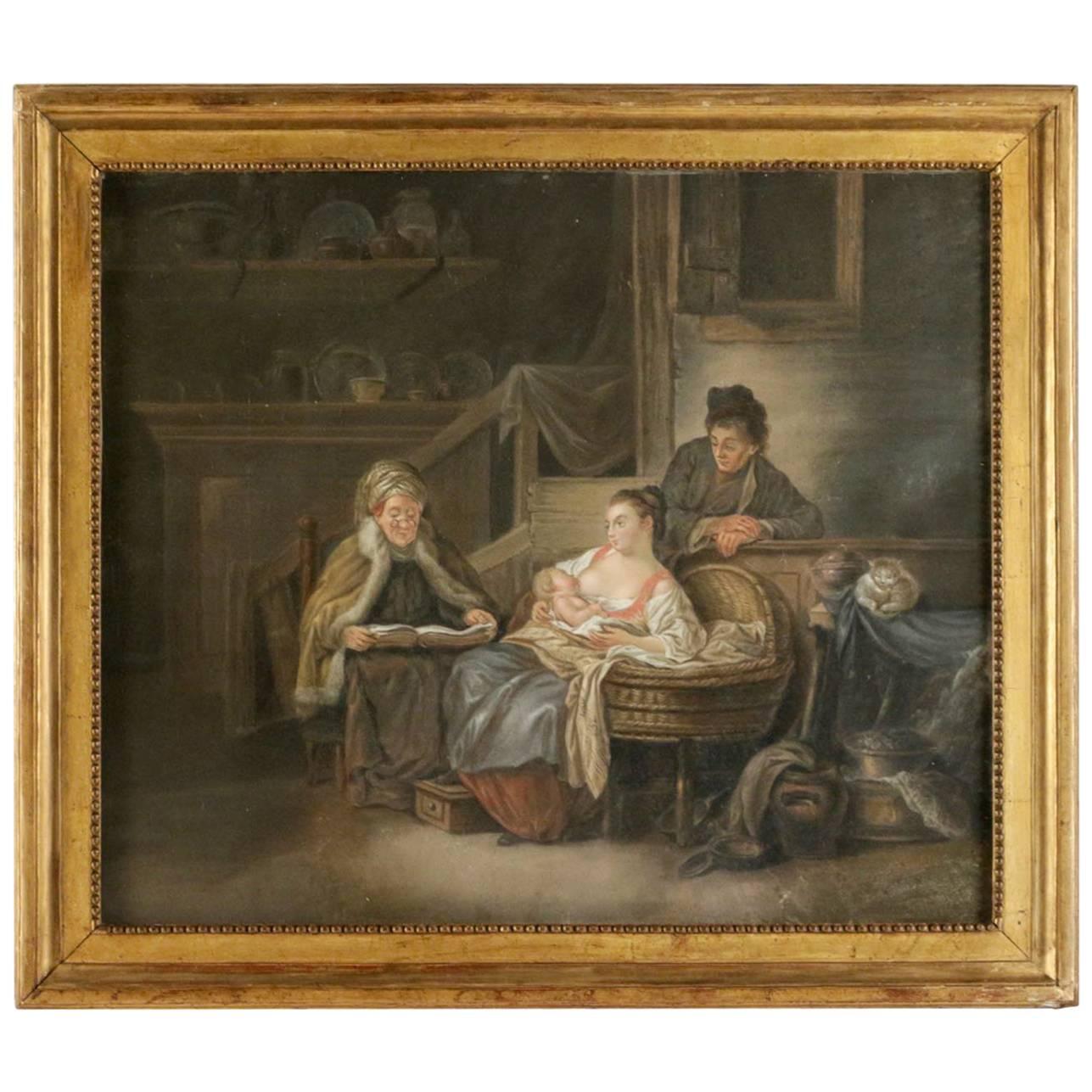 Late 18th Century French School of Figurative Pastel Happy Motherhood in Russia For Sale