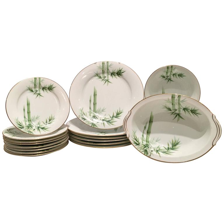Vintage Japanese Green Bamboo and Gold Rim China Set of 23 Pieces at