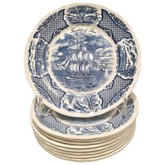 Set of Eleven "Fair Winds Blue" Dinner Plates by Alfred Meakin, England