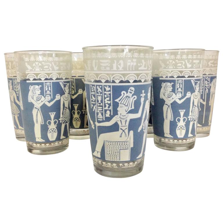 Mid Century Egyptian Gods Motif French Blue Optic Drinking Glasses Set Of Eight At 1stdibs
