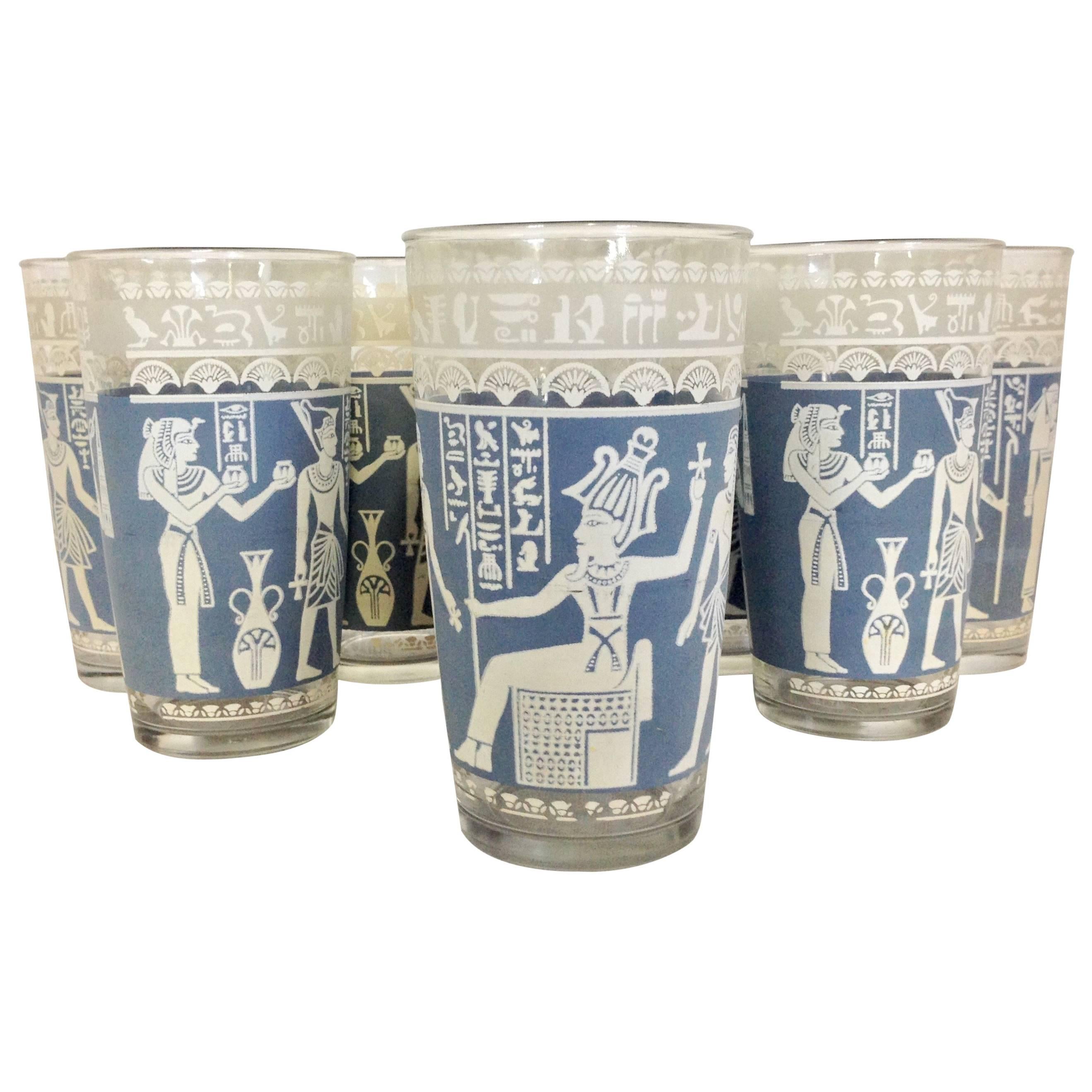 MidCentury Egyptian Gods Motif French Blue Optic Drinking Glasses, Set