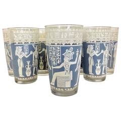 Mid-Century Egyptian Gods Motif French Blue Optic Drinking Glasses, Set of Eight