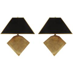 Pair of Geometric Form Sculptural Brass Lamps Manner of Gabriella Crespi