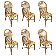 Beautiful Set of Six Audoux Minet Wicker Chairs, circa 1960