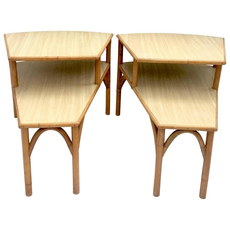 MidCentury Rattan and Laminate Top TwoTier Side Table, Pair For Sale