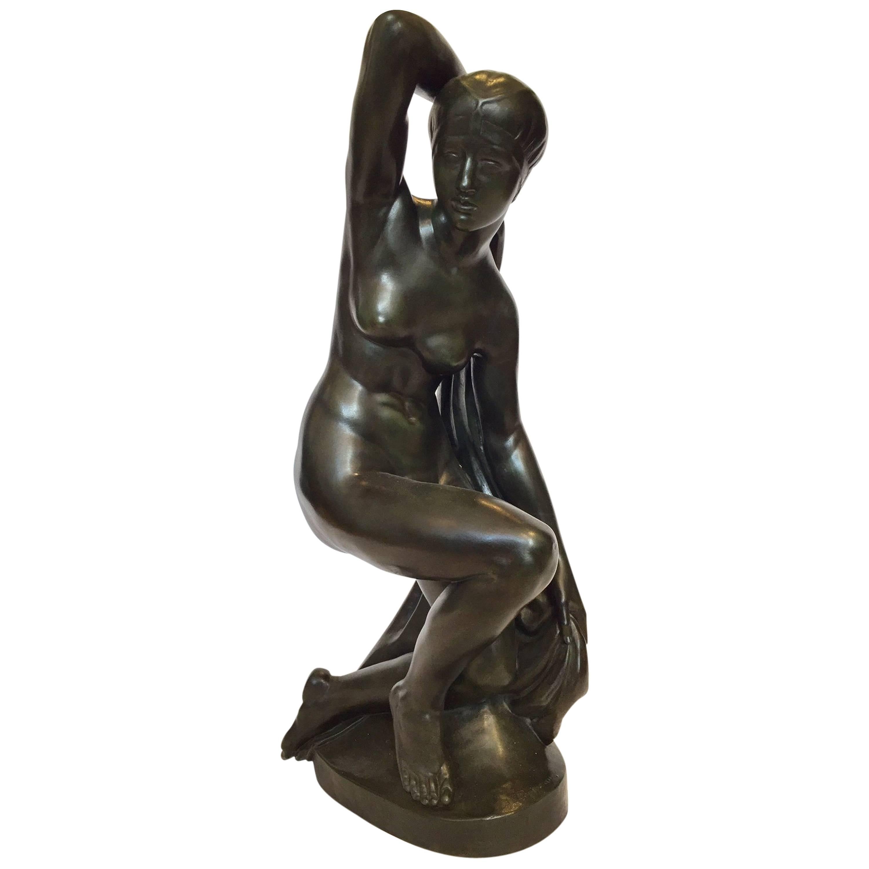 Popineau 1930s Art Deco Large Bronze Sculpture "Draped Naked Young Woman" For Sale