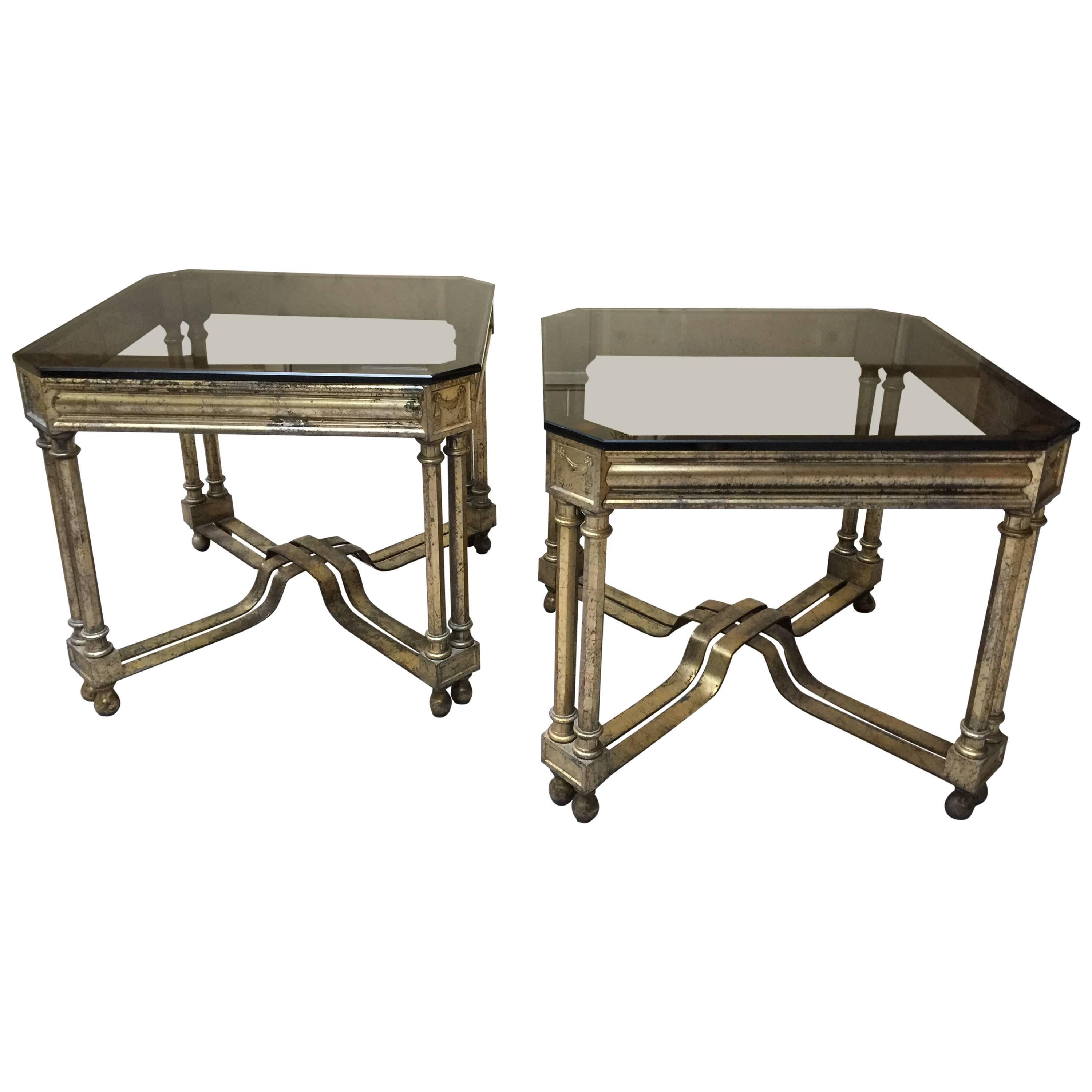 Pair of Neoclassical Italian Side Tables Gold Finish Iron, 1960s For Sale