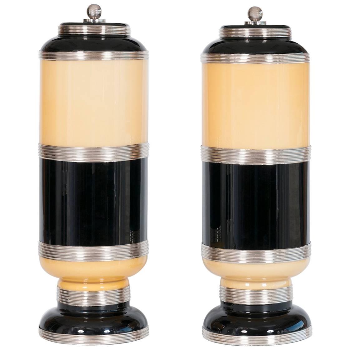 Giant  Pair of Italian Table Lamps in Murano glass Black and Cream color  1960s